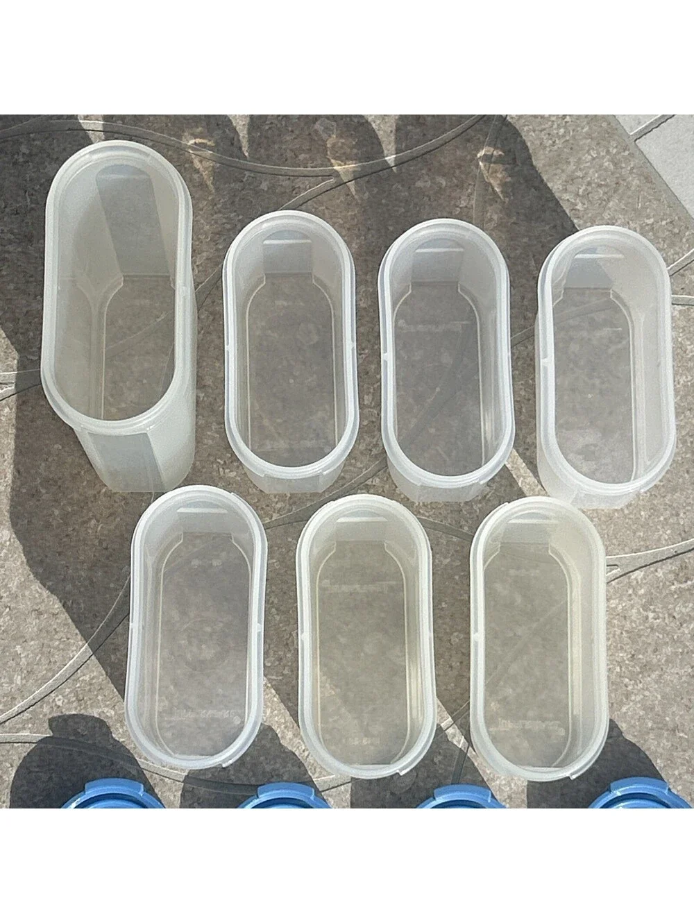Vtg Tupperware Set of 7 Modular Mates Spice Shaker Containers 1843/1845 Blue Lid